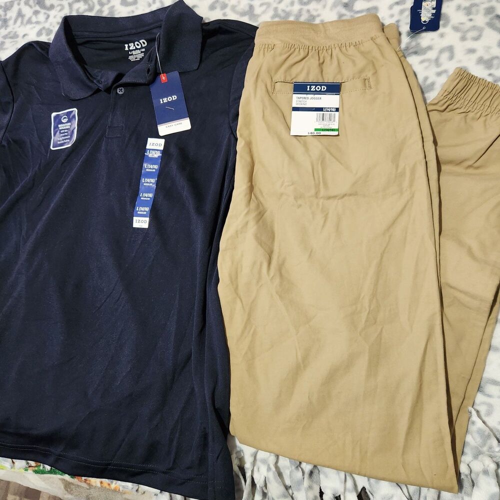 Izod Uniform For Girls Size 14-16 Navy Blue Shirt And Beige Jogger 2PCS!!!